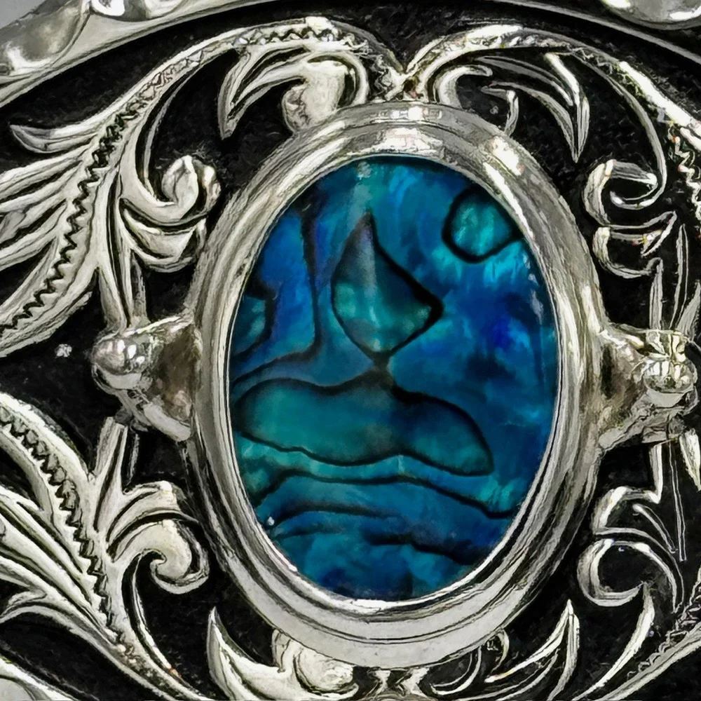 Western Silver Tone Oval Belt Buckle Blue Abalone Shell Inlay Floral‎ Scrollwork